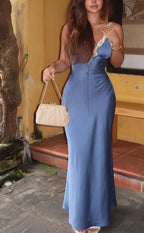 Vestido de Noche sin Mangas con Tirantes Finos, Espalda Descubierta y Largo