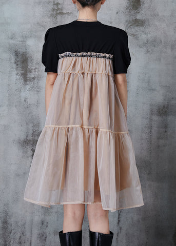 Schickes Khaki Oversized Patchwork Blumen Tüll Teekleid Sommer 