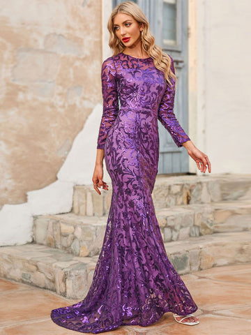 Geburtstags-Maxikleid mit Rundhalsausschnitt, langen Ärmeln, sexy langes Kleid 