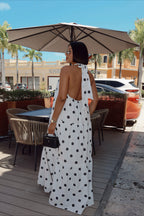 Elegant African Polka Dot Patchwork Halter Neck Swing Maxi Dress