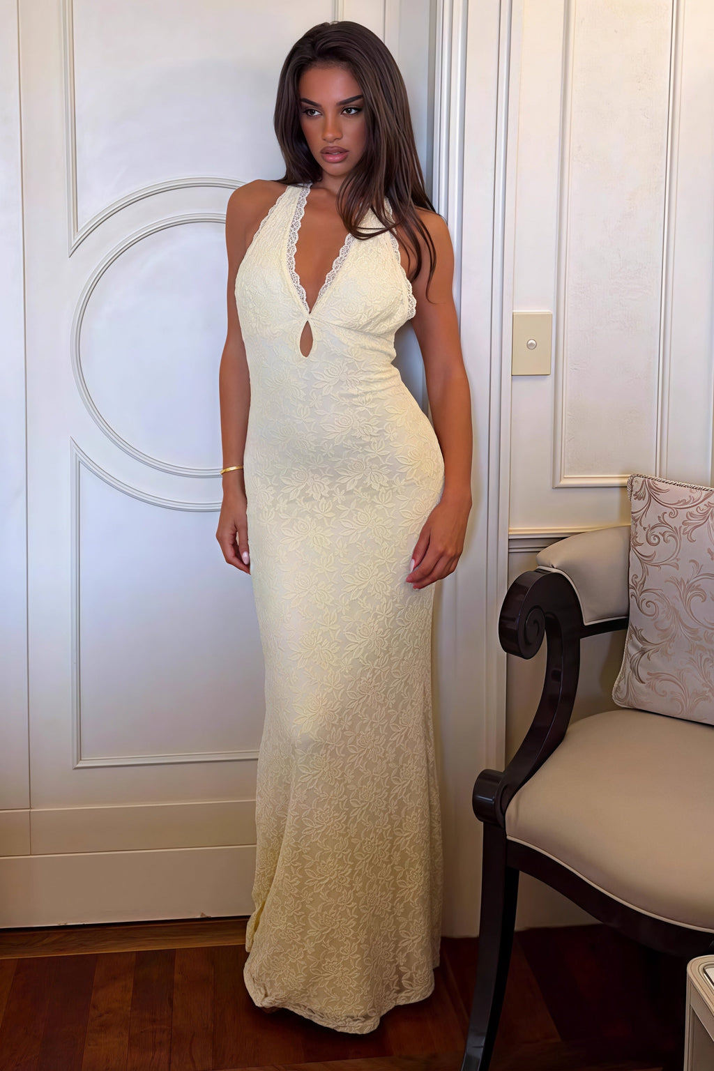 Lace Halter Tie Back Bodycon Maxi Dress