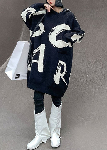 Elegante vestido de suéter de punto con estampado y capucha negra para primavera 