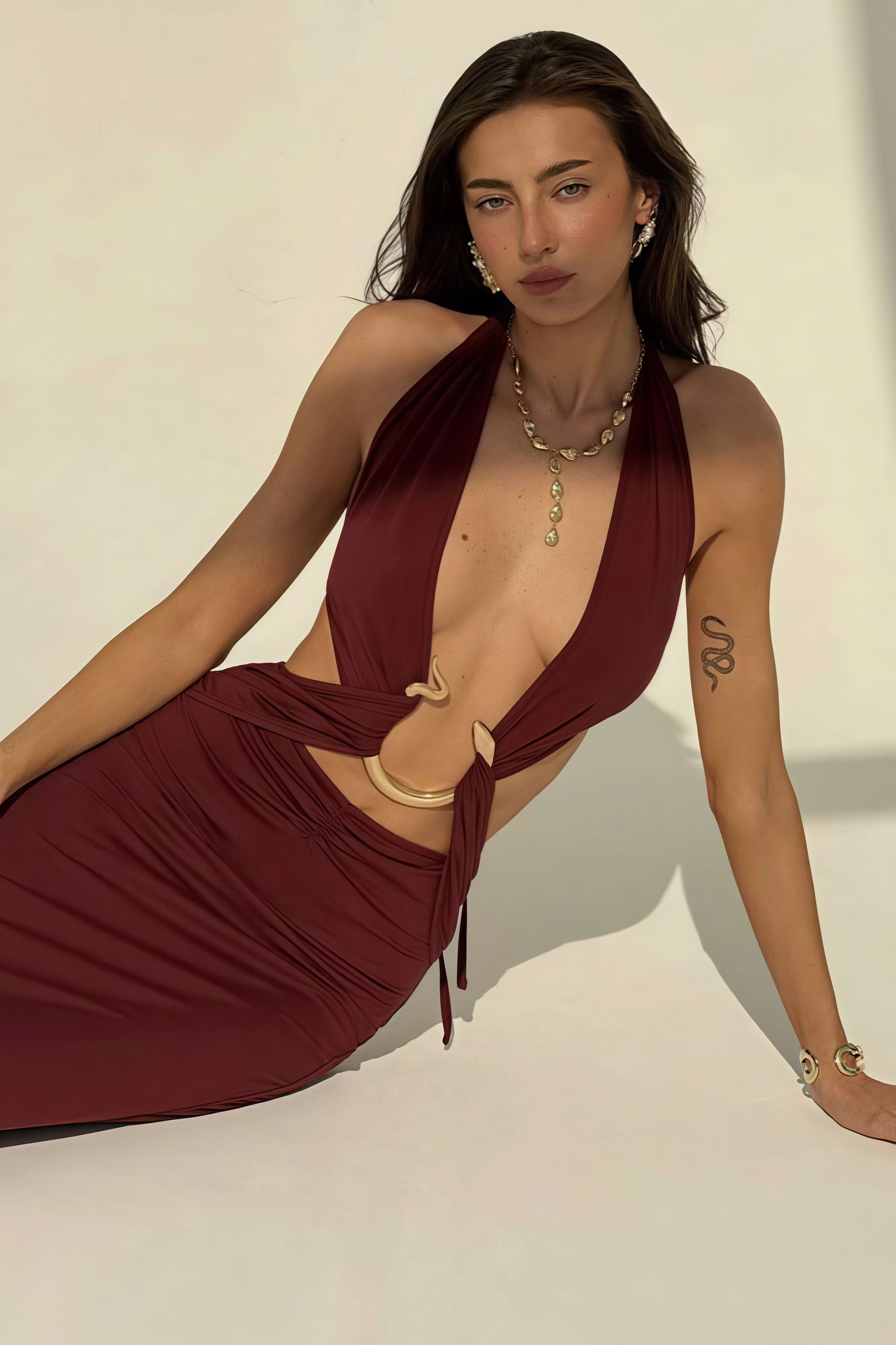 Sexy Halter Deep V Neck Backless Metal Maxi Dress