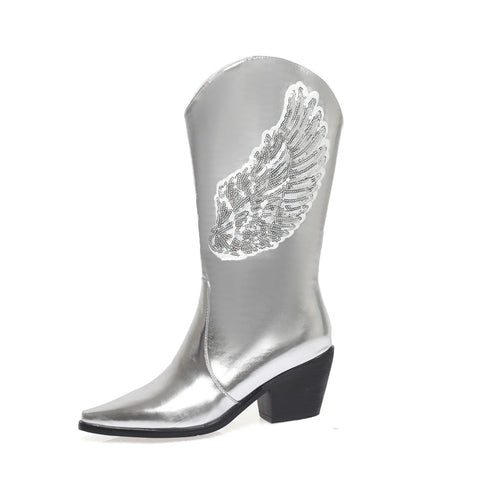 - Botas de mujer de talla grande con diseño de alas de ángel brillantes, lentejuelas, de longitud media, punta estrecha, tacones gruesos y cónicos, botines de baile sin cordones, color plateado 
