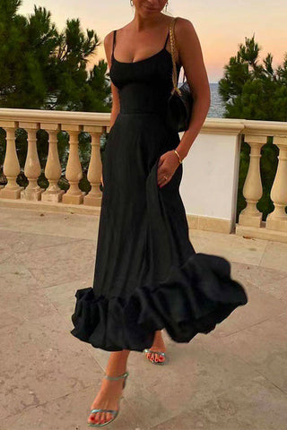 Vestido de fiesta largo de tirantes finos con volantes y cintura alta de Meridress