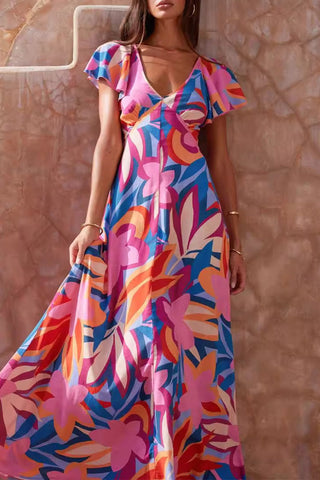 Sexy Urlaub Blumen Rückenfrei Volant V-Ausschnitt Strandkleider 