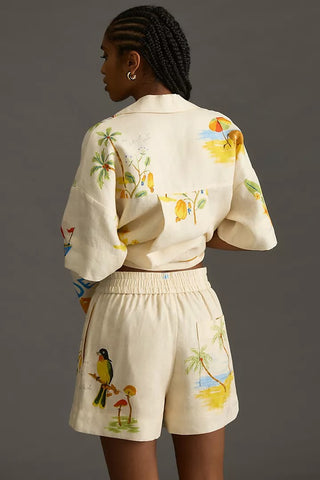 Conjunto de blusa de mezcla de lino con estampado pintado a mano y pantalones cortos con bolsillos y cintura elástica de Hello Summer 