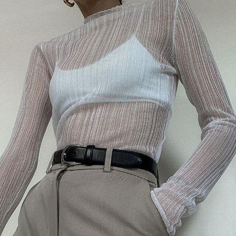 Otoño 2024, elegantes camisetas transparentes de manga larga con cuello alto para mujer, moda urbana, camisetas sexys, ropa ajustada 