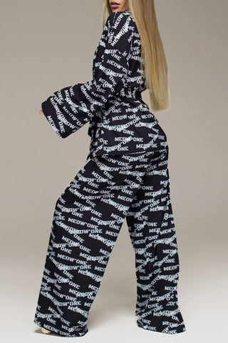 Cárdigan informal de dos piezas con estampado de letras y cuello frenillo, manga larga 