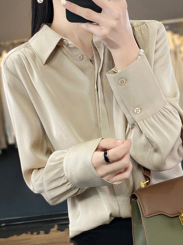 Lange Ärmel, locker geknöpft, plissiert, einfarbig, Revers, Blusen und Hemden, Tops 