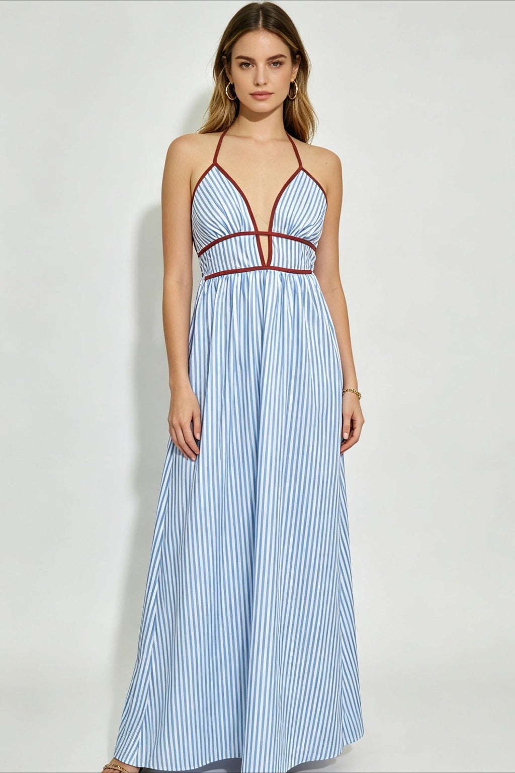 Slim Striped Halter Backless Beach Cami Maxi Dress