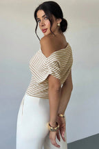 Chic Cold Shoulder Stripe Short Sleeve Knit Blouse