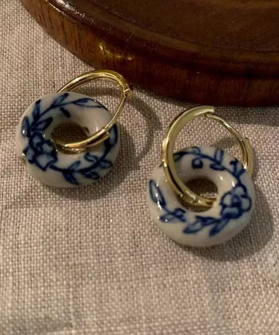 Vintage Gold Kupfer Overgild Keramik Floral Creolen 