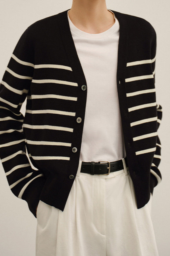 Knit Striped V Neck Colorblock Cardigan