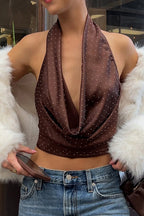 Polka Dot Color Block Backless Halter Crop Top