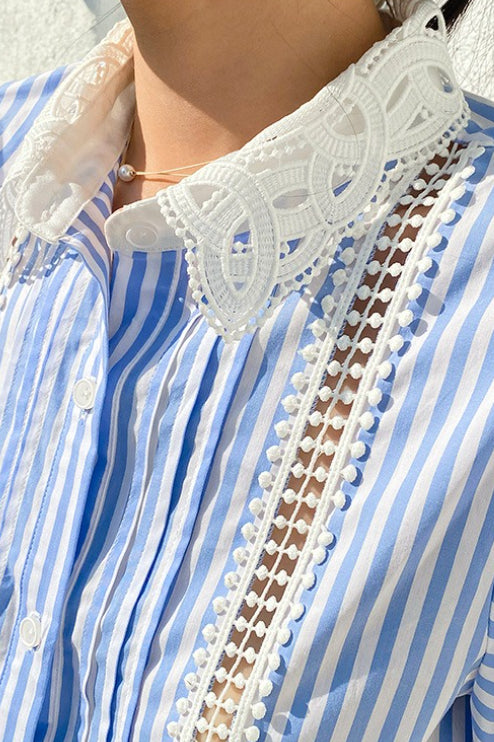 Chic Stripe Lace Puff Sleeve Blouse