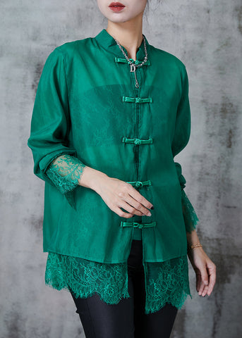 Kunst Grün Chinesische Taste Patchwork Spitze Hemd Tops Sommer 