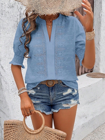 Half Sleeves Loose Elasticity Embroidered Hollow Solid Color V-Neck Blouses&Shirts Tops