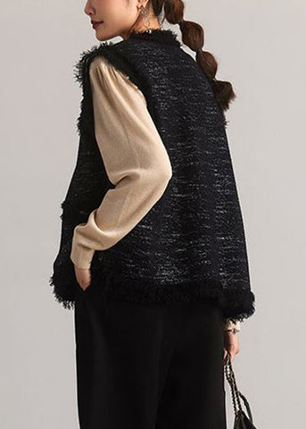 Französische schwarze Weste aus Baumwolle mit Quasten und Knöpfen, Patchwork, ärmellos 