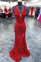 Vestido de fiesta largo de sirena con escote en V profundo y lentejuelas rojas con espalda abierta