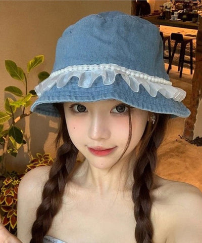 Sombrero de pescador vaquero con cuentas y encaje de moda, versátil 