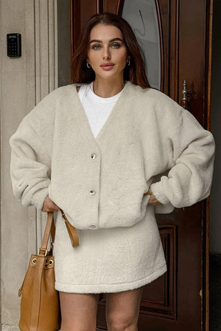 Solid Long Sleeve Coat & High Waist Mini Skirt Set