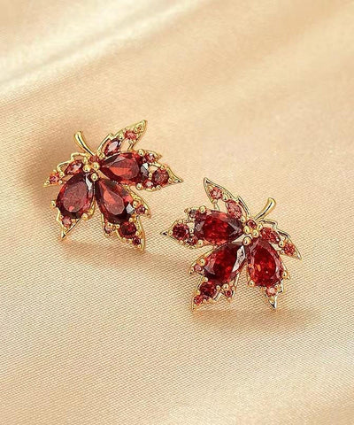 Boutique Red Alloy Zircon Maple Leaf Stud Earrings