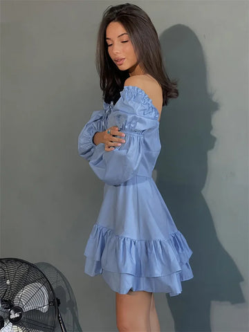 Tossy Schnür-Patchwork-Rüschen-Minikleid Damen Quadratischer Kragen Langarm Elegantes Partykleid Kleidung Mode Sommerkleid 