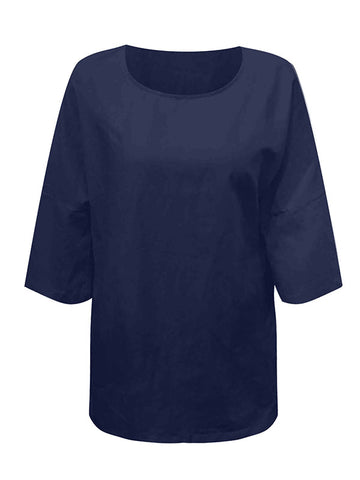 Leinen-T-Shirts mit Dreiviertelärmeln, einfarbig, geteiltem Schnitt und seitlichem Schlitz, Rundhalsausschnitt 