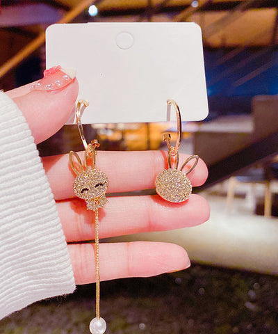 Mode Gold Sterling Silber Overgild Zirkon Asymmetrie Kleine Kaninchen Quaste Tropfen Ohrringe 