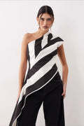Striped Chiffon One Shoulder Tie Blouse