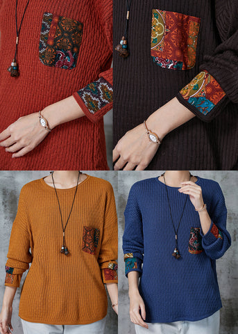 Organic Yellow Oversized Patchwork Applique Knit Tops Spring