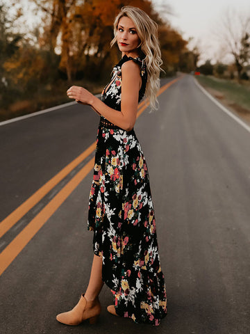 Floral Print Maxi Dress V Neck Backless High Low Split Long Summer Dress