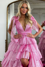 Princess A Line Deep V Neck Long Prom Dress with Ruffles