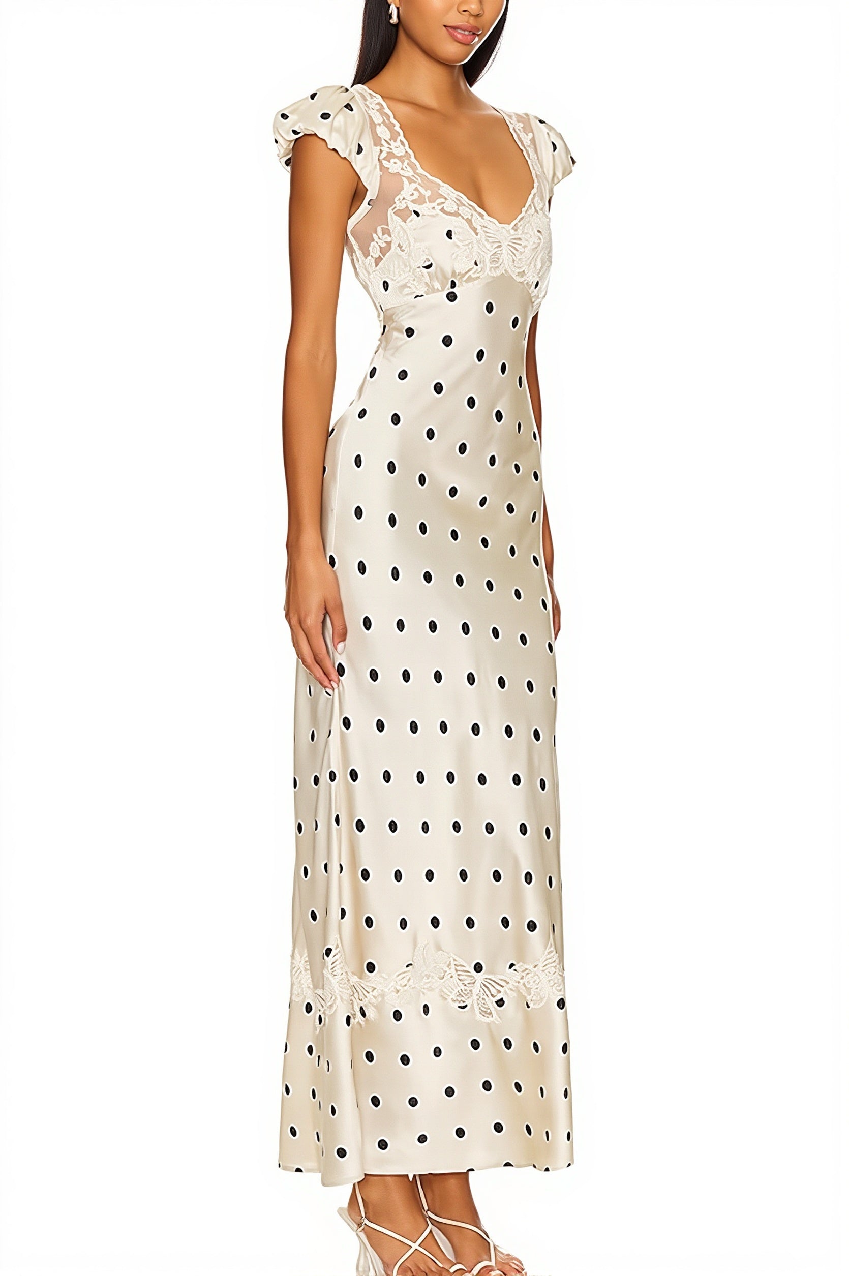 Lace Splice Satin Polka Dot Maxi Dress
