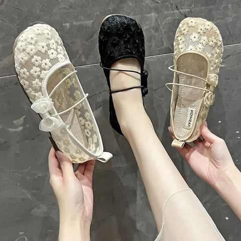 Off-white Mesh Japanese Style Lolita Cute Gothic Shoes for Women Kawaii Flat Flats Low Heel Elegant Round Toe Mary Jane on Offer