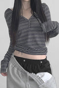 Hooded Striped Color Block Button V Neck Long Sleeve Blouse