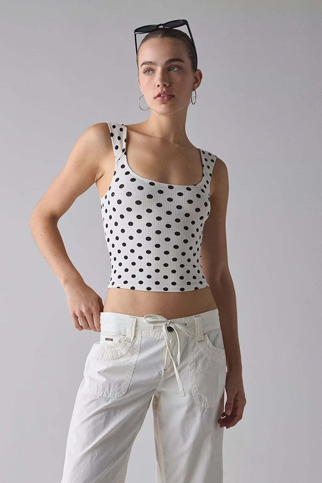 Vintage Dot Ribbed Square Neck Fitted Tank Top