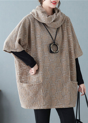 Schöne Khaki Rollkragen Jacquard Wolloberteile Kurzarm 