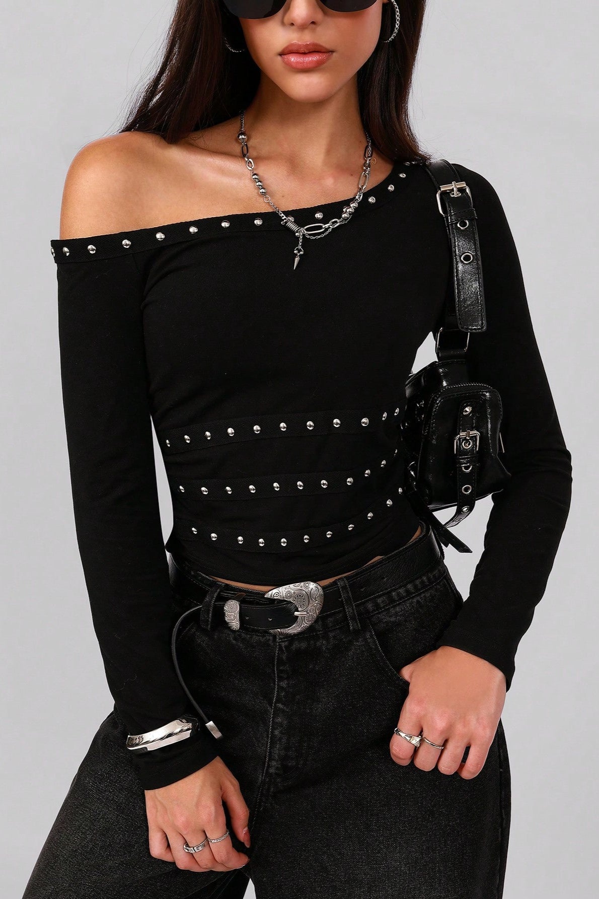 Asymmetric Shoulder Metal Stud Blouse