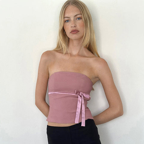 Women 2024 Harajuku Casual Strapless Tank Tops Bowtie Patchwork Skinny Crop Tops Camisole Tee Shirt