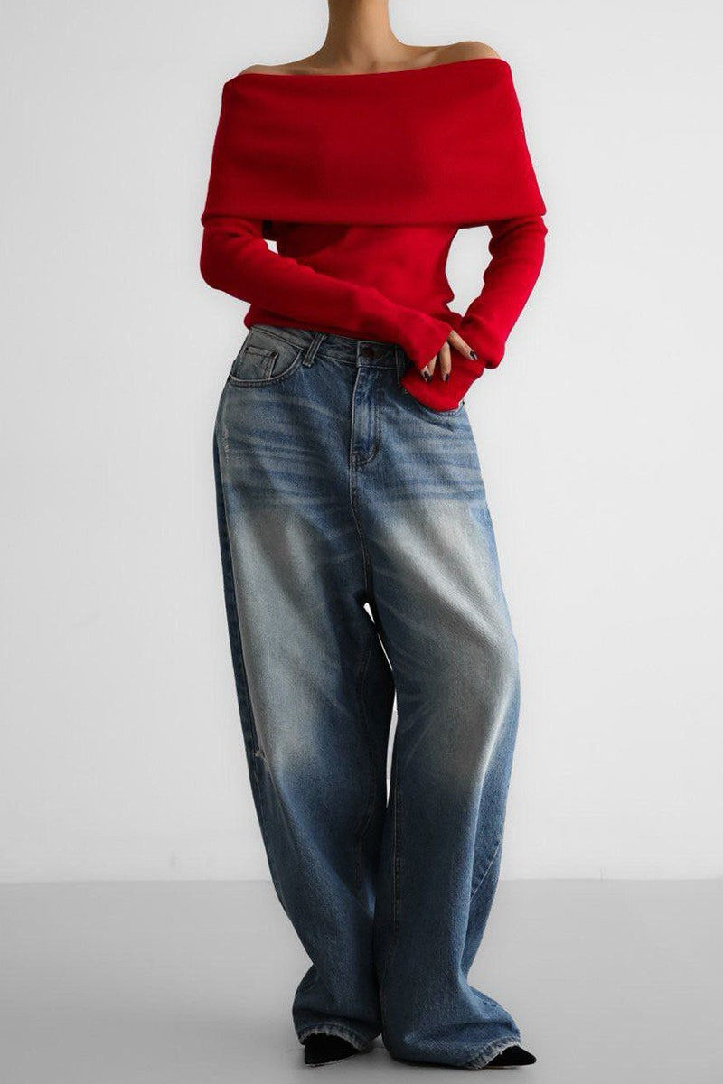 Slim Fit Slit Neck Long Sleeve Knit Top