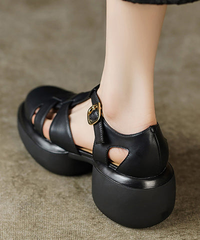 Hollow Out Splicing Chunky Sandals Beige Cowhide Leather