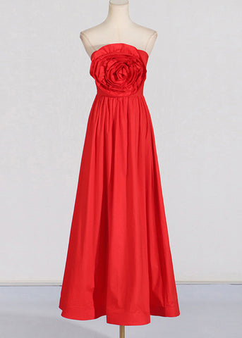 Einzigartige rote schulterfreie Partykleider aus Baumwolle mit Blumenmuster, ärmellos 