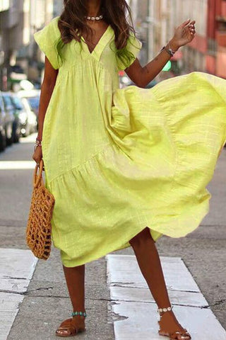 Meridress Ruched V Neck Short Sleeve Ruffle Dress