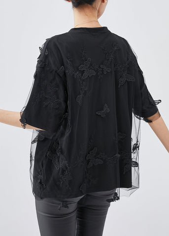Blusa de tul con mariposas bordadas en negro para mujer, verano 