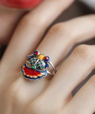 Anillos vintage de plata de ley con brocado de arcoíris y esmalte de carpa 