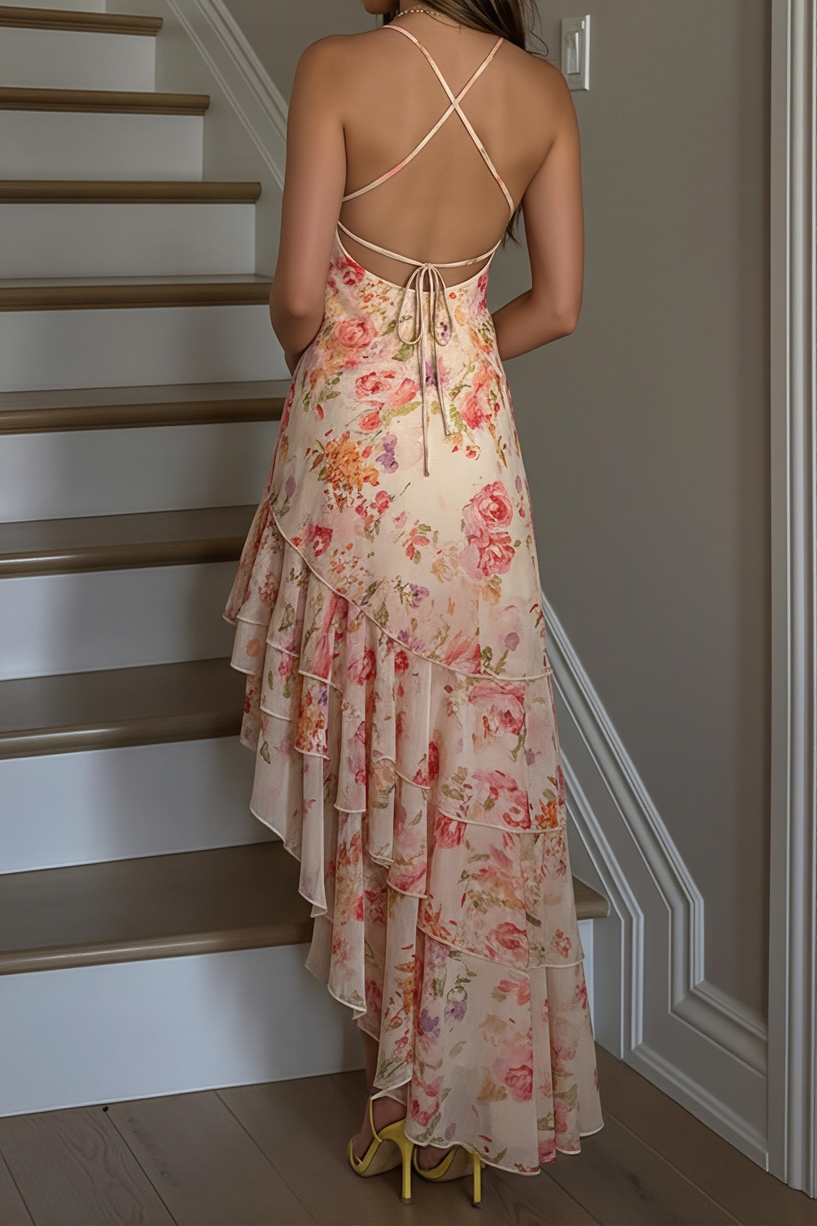 Irregular Hem Floral Halter Maxi Dress