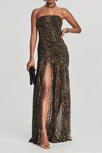 Strapless Zebra Sheer Slit Maxi Dress