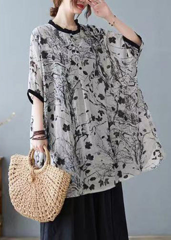 Plus Size Graues Patchwork-Oberteil mit Rüschen und kurzen Ärmeln 